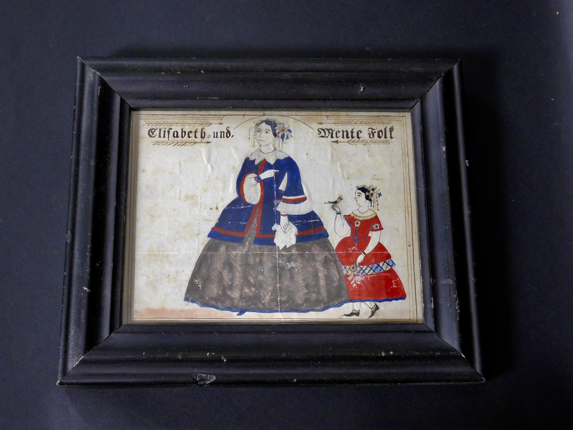 Folk Art Watercolor Of Elizabeth And Mente Folt | Steven F. Still Antiques