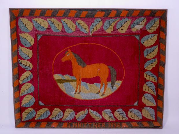 Large 1896 Horse Hooked Rug 