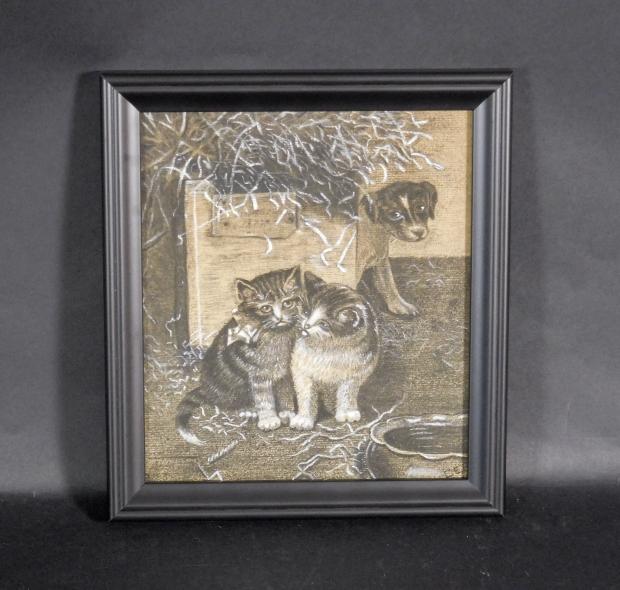 Charcoal Drawing Of Two Kittens And A Puppy