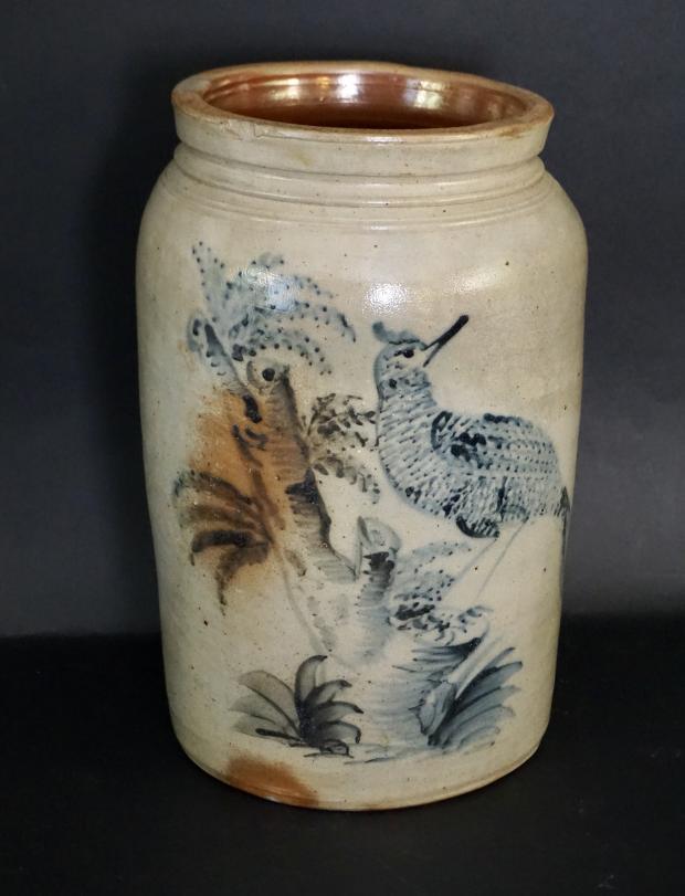 Exceptional Stoneware Crock With Folky Bird Decoration