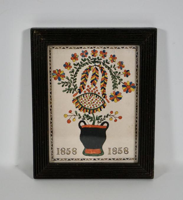 Vibrant Pot OF Flowers Fraktur Dated 1858
