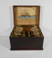 American Ship Captain's Liquor Chest With Folk Art Watercolor