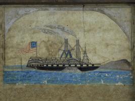 American Ship Captain's Liquor Chest With Folk Art Watercolor