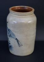 Exceptional Stoneware Crock With Folky Bird Decoration